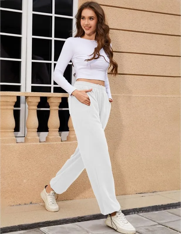 Women's Wide Leg Pants with Pockets Casual Sweatpants Elastic Waist Drawstring Comfy Lounge Flowy Pants