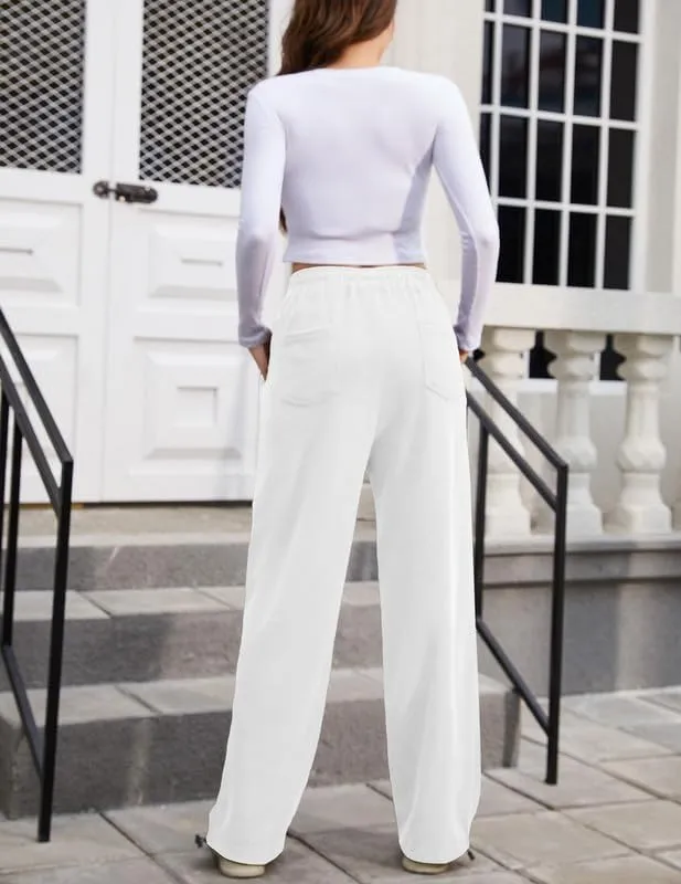 Women's Wide Leg Pants with Pockets Casual Sweatpants Elastic Waist Drawstring Comfy Lounge Flowy Pants
