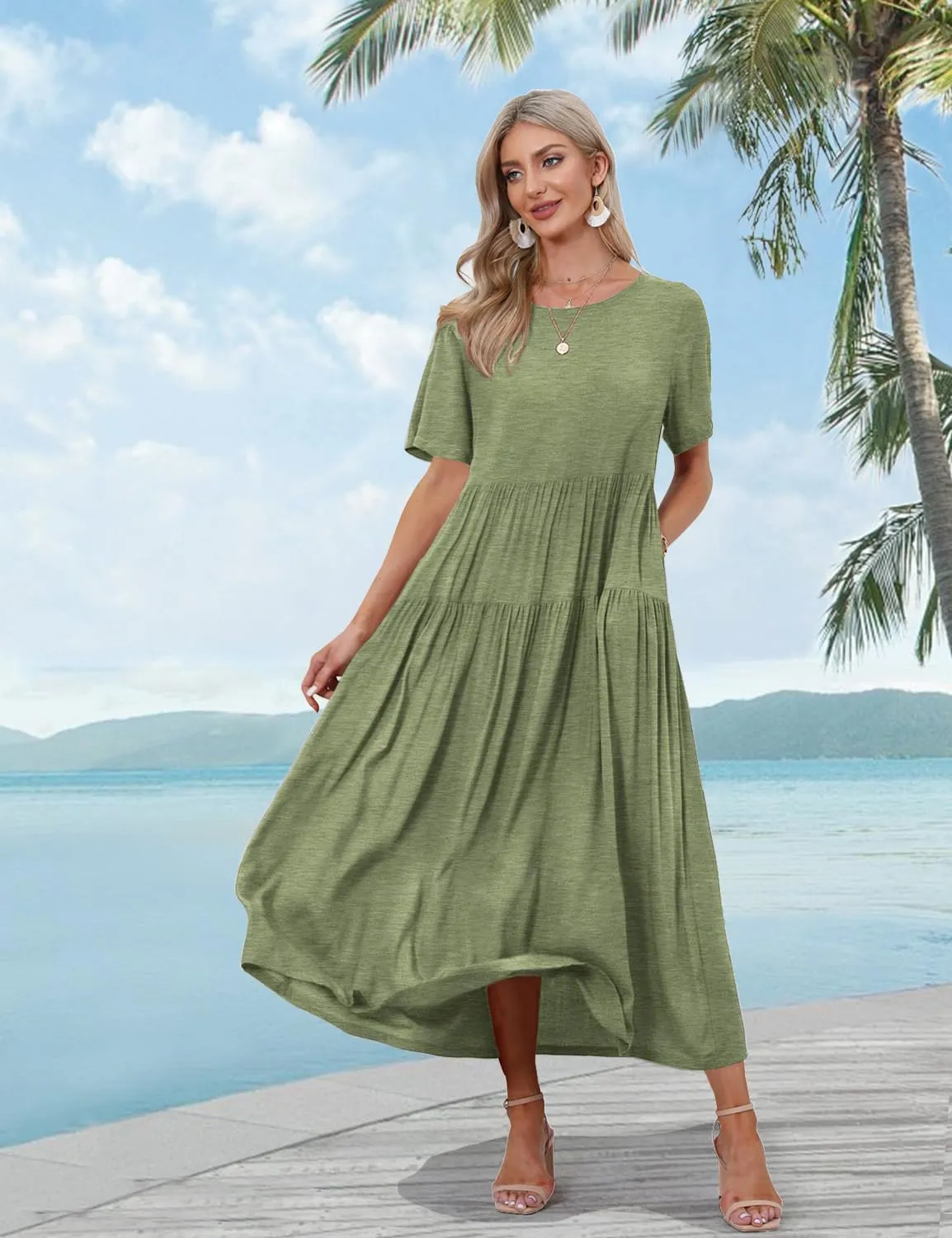 YESNO Women Casual Loose Bohemian Dress with Pockets Short Sleeve Long Maxi Summer Beach Swing Dresses