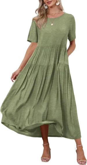 YESNO Women Casual Loose Bohemian Dress with Pockets Short Sleeve Long Maxi Summer Beach Swing Dresses