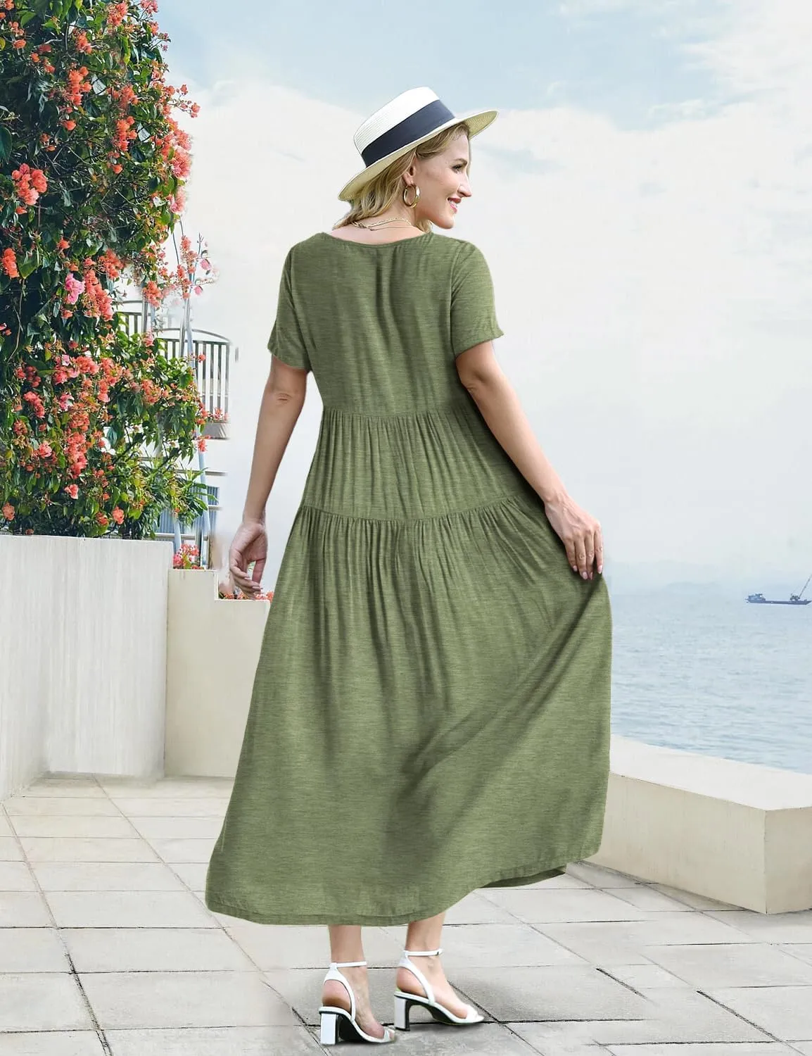 YESNO Women Casual Loose Bohemian Dress with Pockets Short Sleeve Long Maxi Summer Beach Swing Dresses